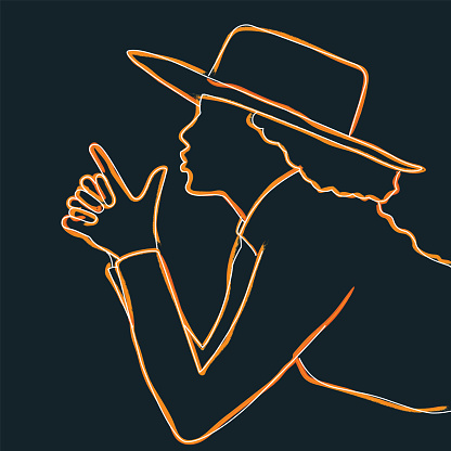 The girl drawn in profile. Linear style in vector illustration. Profile of a girl in a hat.