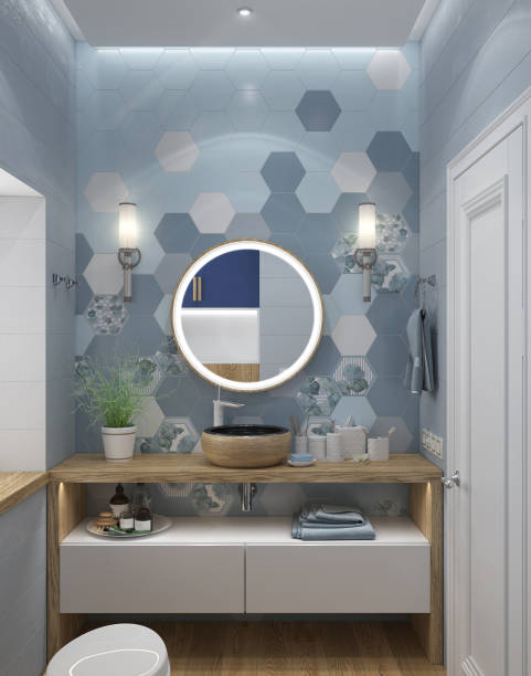 Equipped guest restroom design, 3D rendering Modern bathroom arranging and decorating ideas vanity mirror stock pictures, royalty-free photos & images
