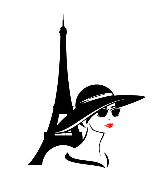 french style elegant woman vector fashion portrait beautiful elegant woman wearing sunglasses and wide brimmed hat with eiffel tower behind - fashion girl travel in Paris vector portrait paris red lips stock illustrations