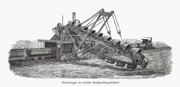 Dry excavator of the Lübecker Maschinenbau Gesellschaft, woodcut, published in 1893 A dry excavator of the Lübeck Mechanical Engineering Company (Lübecker Maschinenbau Gesellschaft) in Germany. The excavated soil is transported away with railway wagons. Wood engraving, published in 1893. maschinenbau stock illustrations