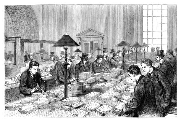 영국 은행에서 일하는 칼라 노동자 1872 - bank of england stock illustrations