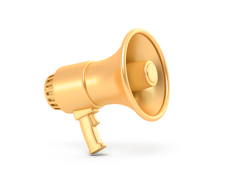 3d render of golden megaphone isolated on white background