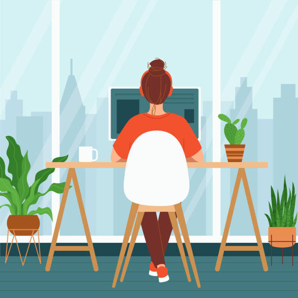 ilustrações de stock, clip art, desenhos animados e ícones de young woman is sitting at a computer in a room with a large window. concept of remote work, freelancing, teaching, e-learning, from home office, workplace with indoor plants. vector illustration - home office