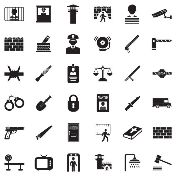 Prison Icons. Black Flat Design. Vector Illustration. Crime, Jail, Prison gun laws stock illustrations