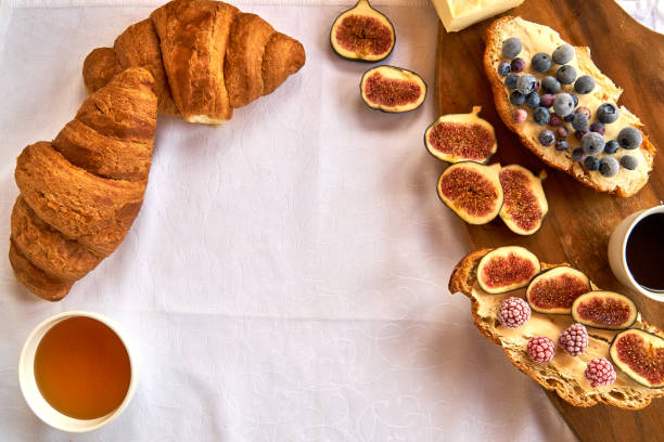 Croissant toast with butter and figs. French dip with raspberries for Breakfast.