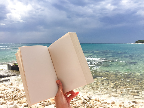 Personal Perspective of Adult Woman Holding Book With Empty Pages on Beach.