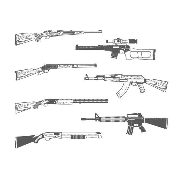 Vector illustration of Set of firearms, shotgun, m16 rifle and hunt handgun, guns and weapons in graphic style, vector