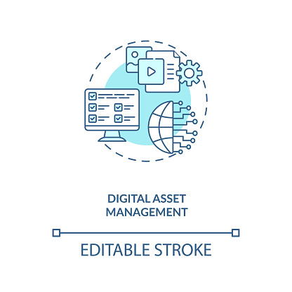 Digital asset management concept icon. Asset management type idea thin line illustration. Grouping in categories. Central location. Vector isolated outline RGB color drawing. Editable stroke