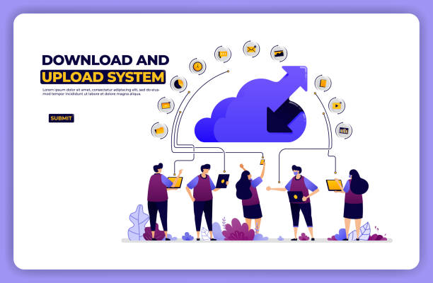 banner-illustration des download- und upload-systems. cloud-netzwerkfreigabe-aktivität. entwickelt für landing page, banner, website, web, poster, mobile apps, homepage, social media, flyer, broschüre, ui ux - file document teamwork application software stock-grafiken, -clipart, -cartoons und -symbole