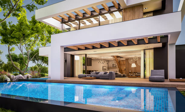 istock 3d rendering of modern house in luxurious style in evening 1295296113