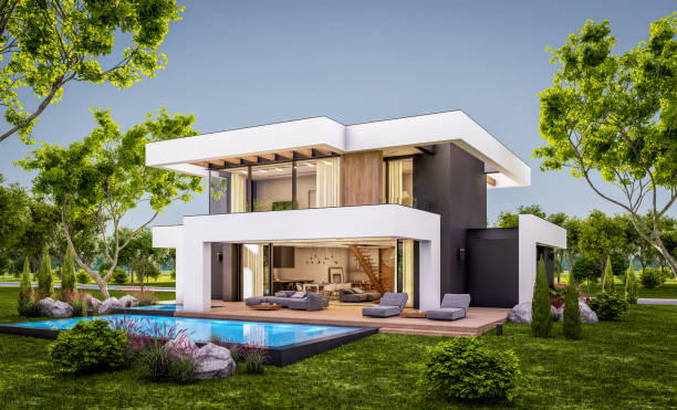 istock 3d rendering of modern house in luxurious style in evening 1295296186