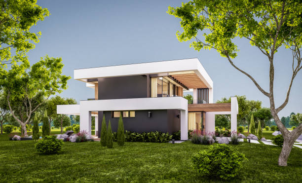 istock 3d rendering of modern house in luxurious style in evening 1295296187