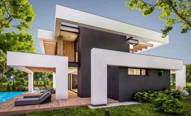 istock 3d rendering of modern house in luxurious style in evening 1295296263