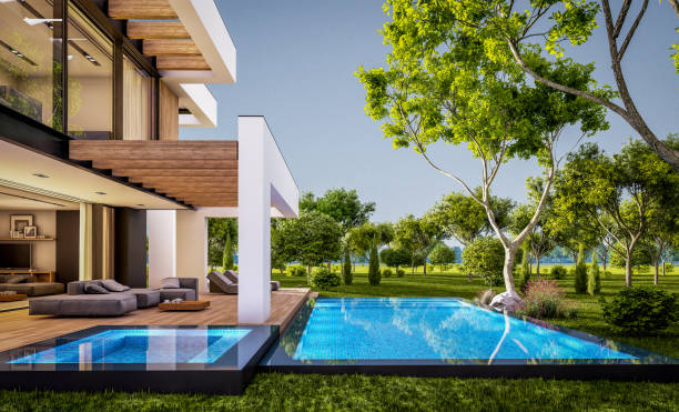 istock 3d rendering of modern house in luxurious style in evening 1295296283