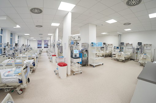 Modern empty temporary intensive care emergency room is ready to receive patients with coronavirus infection.