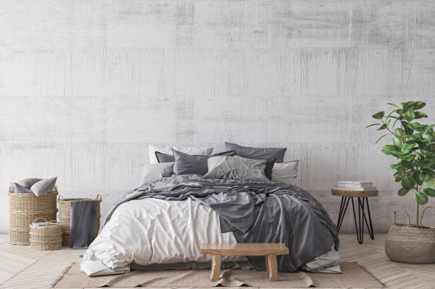maqueta de dormitorio de estilo escandinavo, diseño de interiores del hogar - queen size bed fotografías e imágenes de stock