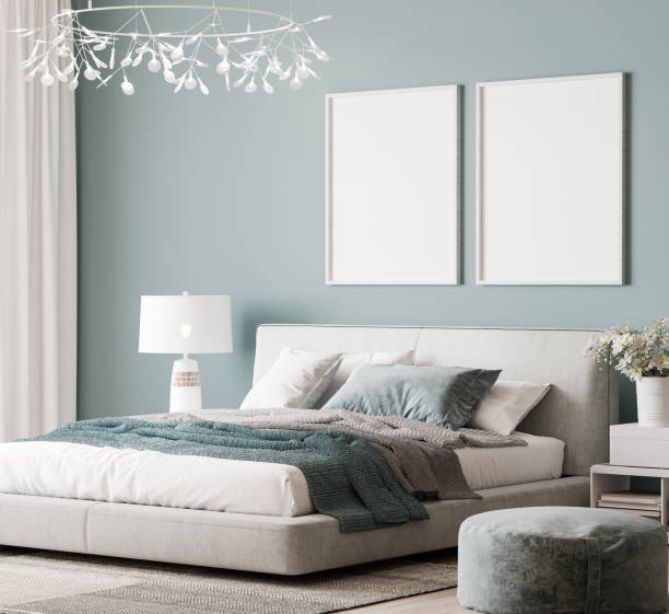 Luxury bright bedroom design, modern white bed and elegant home accessories