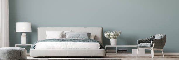 istock Luxury bright bedroom design, modern white bed and elegant home accessories 1295301843