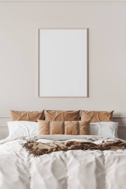 istock Mockup frame in contemporary bedroom design, bight home decor 1295302066
