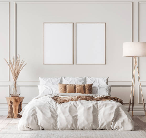 istock Mockup frame in contemporary bedroom design, bight home decor 1295302080