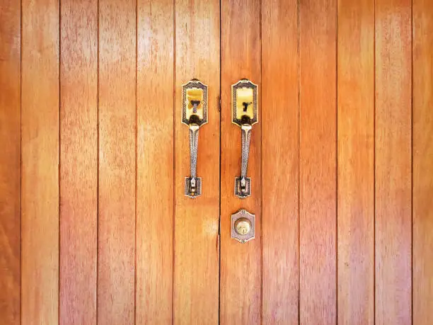 Door Handles and Key Hole on Closed  Brown Wooden Door Background