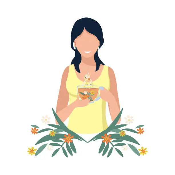 Vector illustration of girl drinks herbal tea for health