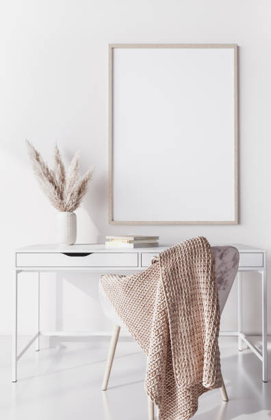 mockup rahmen für weißen holztisch, home-office skandinavischen design - showcase interior home decorating chair pink stock-fotos und bilder