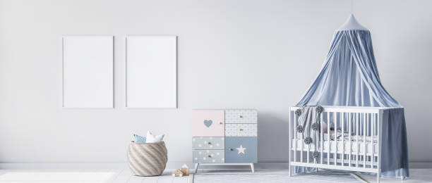 istock Mock up frame for bright nursery bedroom with white crib and rattan basket 1295304066
