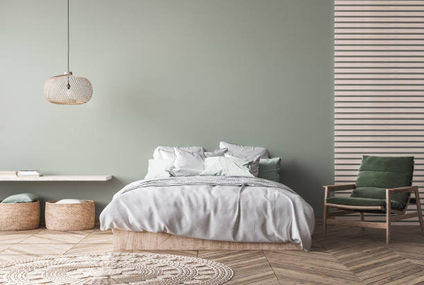 istock Farmhouse style bedroom mockup, home interior design 1295304233