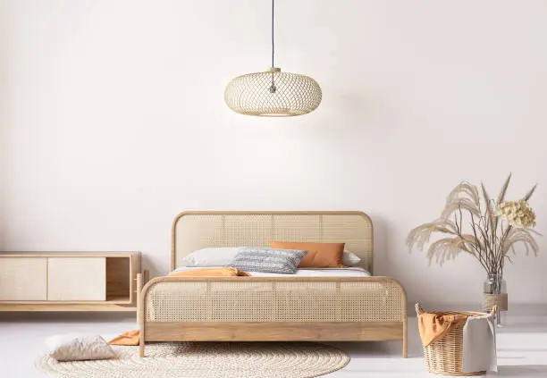 wooden bedroom mockup in beige interior background with natural wooden furniture, Scandinavian boho style
