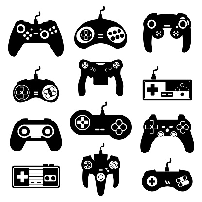 Set of retro and modern gamepads, consoles, joysticks and playing devices for video games. Black icons of computer gadgets and digital controllers. Vector isolated illustrations