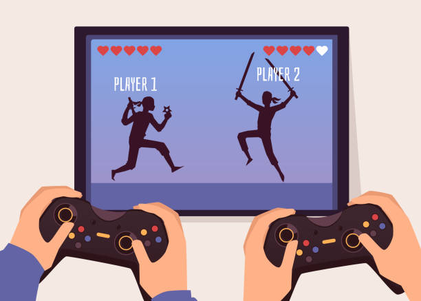 ekran gry walki dwóch graczy i ręce trzymające joysticki do gier - hand games stock illustrations