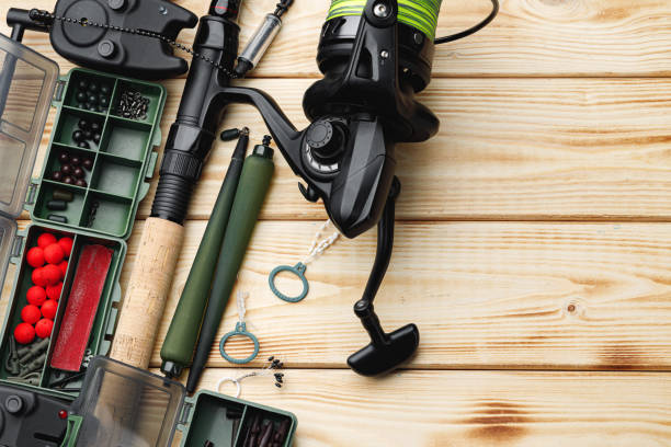istock Plastic compartment case and fishing tackle top view 1295309877