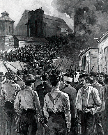 Vintage engraving features the Homestead Strike, also called the Homestead Riot, a violent labor dispute between the Carnegie Steel Company and many of its workers that occurred on July 6, 1892, in Homestead, Pennsylvania.