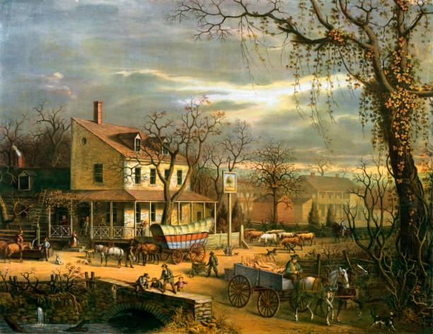 Roadside Inn Vintage illustration features a busy autumn American scene outside an inn at a crossroads. In the lower right, a man drives a cart hauling slaughtered pigs; at center is a conestoga wagon in front of the inn. covered wagon stock illustrations