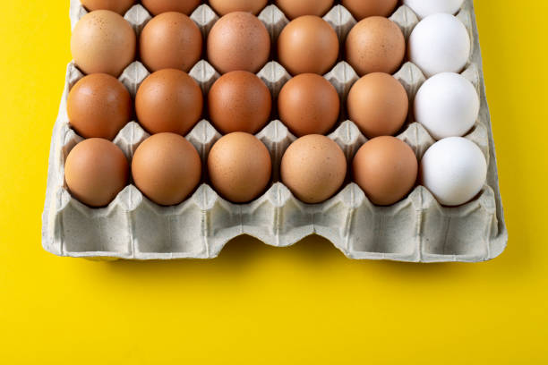 istock Nice big rural fresh eggs in cardboard egg box holder with colorful yellow background. 1295311961