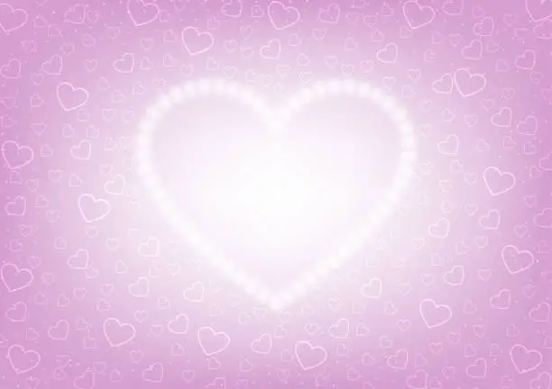 Vector illustration of A big bright heart in the middle.With a small heart around the outside White gradient shade from the inside to pink outside. Decorated with white dots glowing all over the picture.On pink background