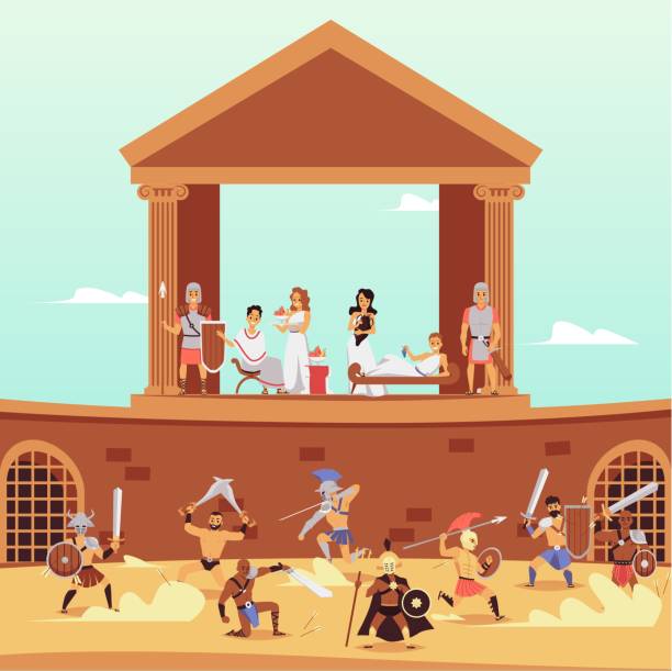 ilustraciones, imágenes clip art, dibujos animados e iconos de stock de estandarte vectorial con escena histórica tradicional de la vida antigua roma. - rome coliseum italy ancient rome