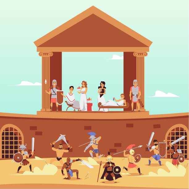 Vector banner with traditional historical scene from life ancient rome. Vector banner with traditional historical scene from life ancient roman empire. Patricians and citizens, people watch fighting of armed legionnaires and gladiators in colosseum. roman army stock illustrations