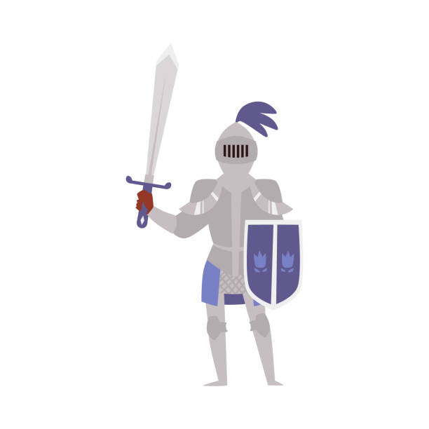 векторная изолированная иллюстрация средневекового вооруженного рыцаря с мечом и щитом - battle dress stock illustrations