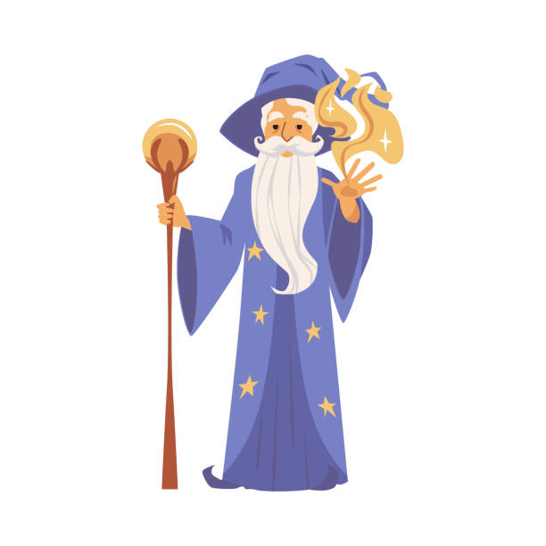 Cartoon wizard casting magic spell - old man with long beard in robe Cartoon wizard casting magic spell - old man with long beard in purple fantasy robe and hat holding magical staff and performing sorcery, isolated vector illustration. merlin the wizard stock illustrations