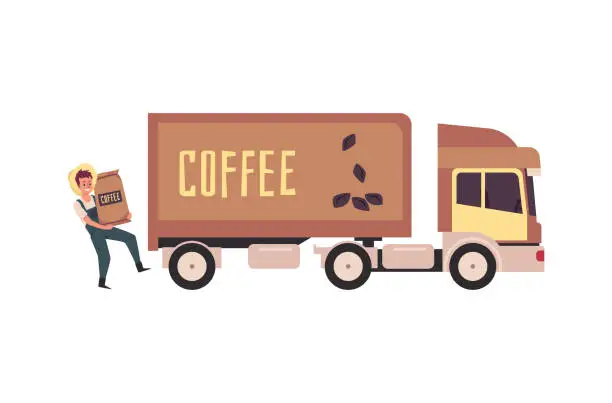 Vector illustration of Farmer loading bags with coffee into van flat vector illustration isolated.