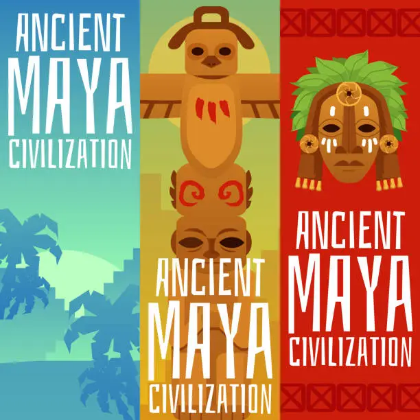 Vector illustration of Set of flyers or posters on top of Maya civilization flat vector illustration.