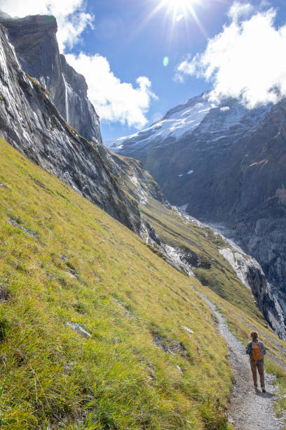 istock Young man hikes along sunny mountain ridge in the morning 1295320869