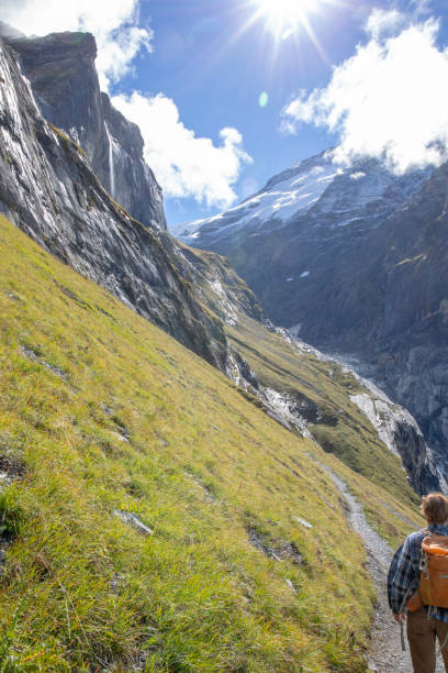 istock Young man hikes along sunny mountain ridge in the morning 1295320950