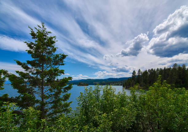 Beautiful clouds on a sunny day above scenic Flathead Lake in Montana.