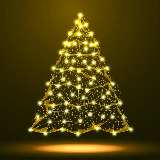 Vector illustration of New year image gold Christmas tree, starry sky, space, consisting of lines, dots and shapes in the form of stars and planets. Vector EPS10.