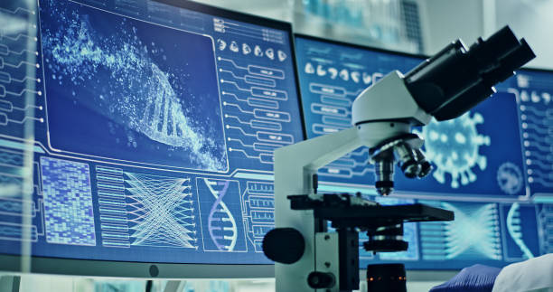istock Futuristic laboratory equipment - coronavirus testing. Side view of scientist 1295324629