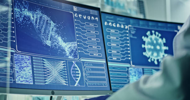 istock Futuristic laboratory equipment - coronavirus testing. Side view of scientist 1295324645