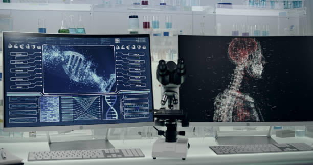 istock Futuristic Laboratory. Human Exoskeleton Project and DNA helix on screens 1295324773